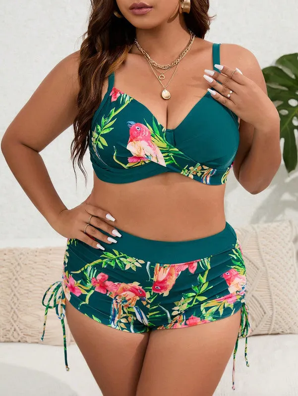 Plus Tropical Print Push Up Bikini Swimsuit Dark Green