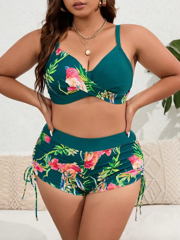 Plus Tropical Print Push Up Bikini Swimsuit Dark Green