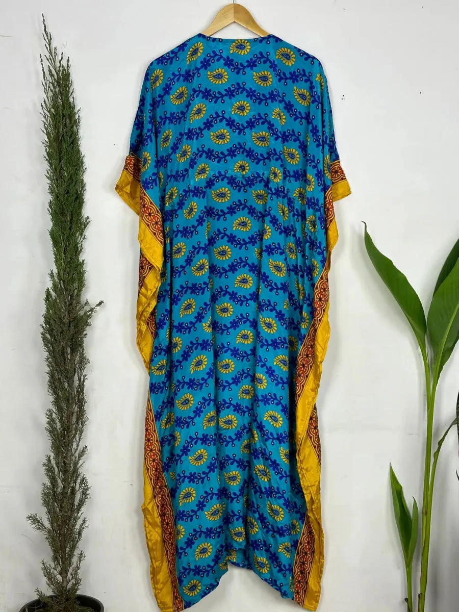 Recycled Silk Vintage Sari Kaftan Boho Dress Flowy Long Length Blossom Artistic Women Beach Coverup | Aqua Blue Yellow Paisley