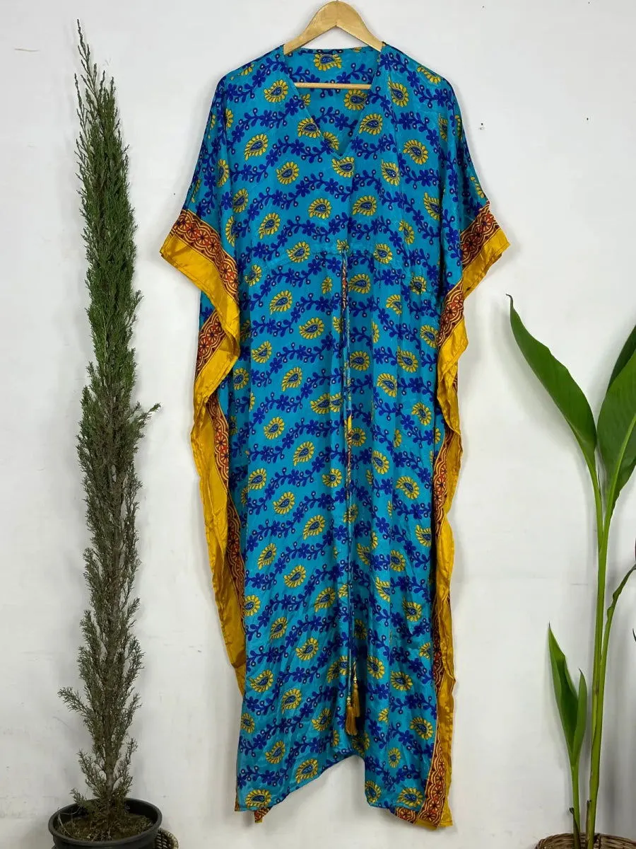 Recycled Silk Vintage Sari Kaftan Boho Dress Flowy Long Length Blossom Artistic Women Beach Coverup | Aqua Blue Yellow Paisley