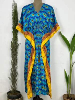Recycled Silk Vintage Sari Kaftan Boho Dress Flowy Long Length Blossom Artistic Women Beach Coverup | Aqua Blue Yellow Paisley