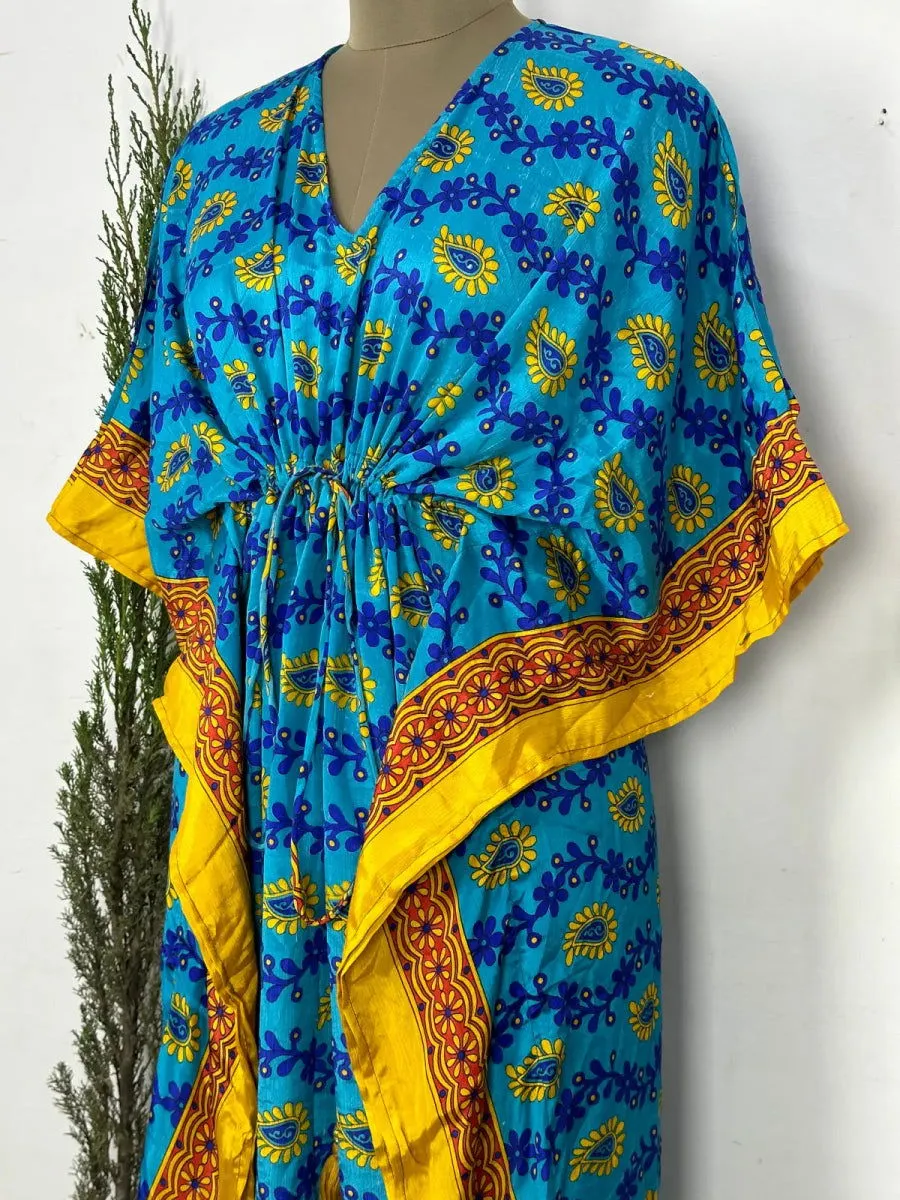 Recycled Silk Vintage Sari Kaftan Boho Dress Flowy Long Length Blossom Artistic Women Beach Coverup | Aqua Blue Yellow Paisley