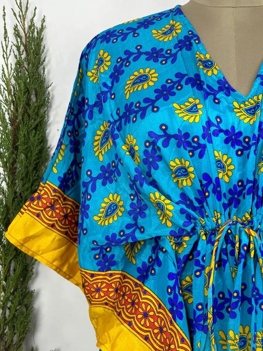 Recycled Silk Vintage Sari Kaftan Boho Dress Flowy Long Length Blossom Artistic Women Beach Coverup | Aqua Blue Yellow Paisley