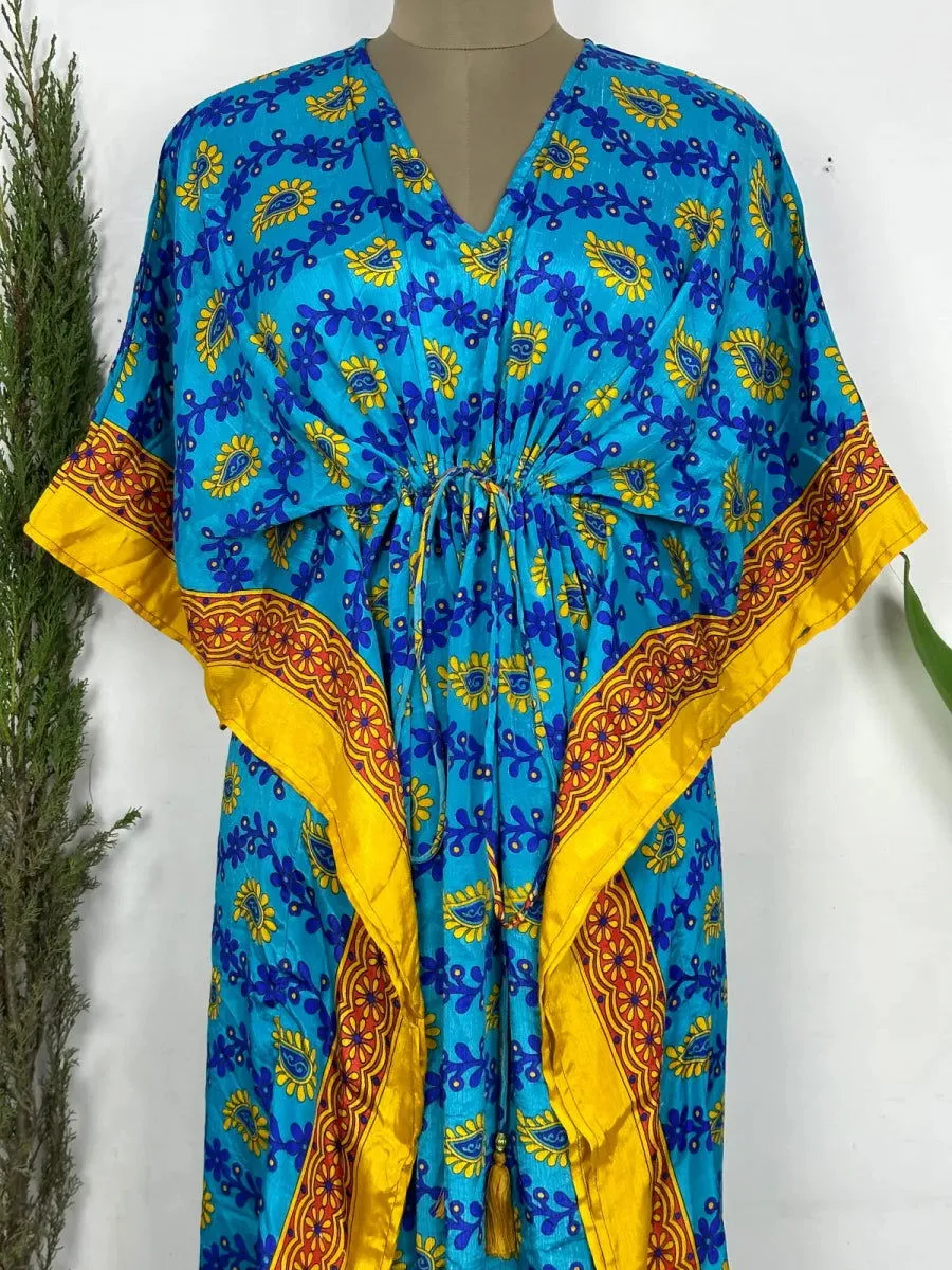 Recycled Silk Vintage Sari Kaftan Boho Dress Flowy Long Length Blossom Artistic Women Beach Coverup | Aqua Blue Yellow Paisley