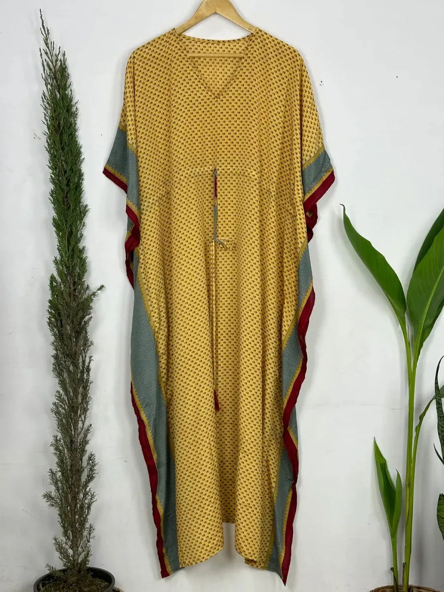 Recycled Silk Vintage Sari Kaftan Boho Dress Flowy Long Length Blossom Artistic Women Beach Coverup | Golden Red Motifs