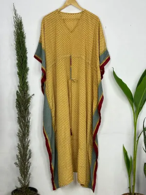 Recycled Silk Vintage Sari Kaftan Boho Dress Flowy Long Length Blossom Artistic Women Beach Coverup | Golden Red Motifs