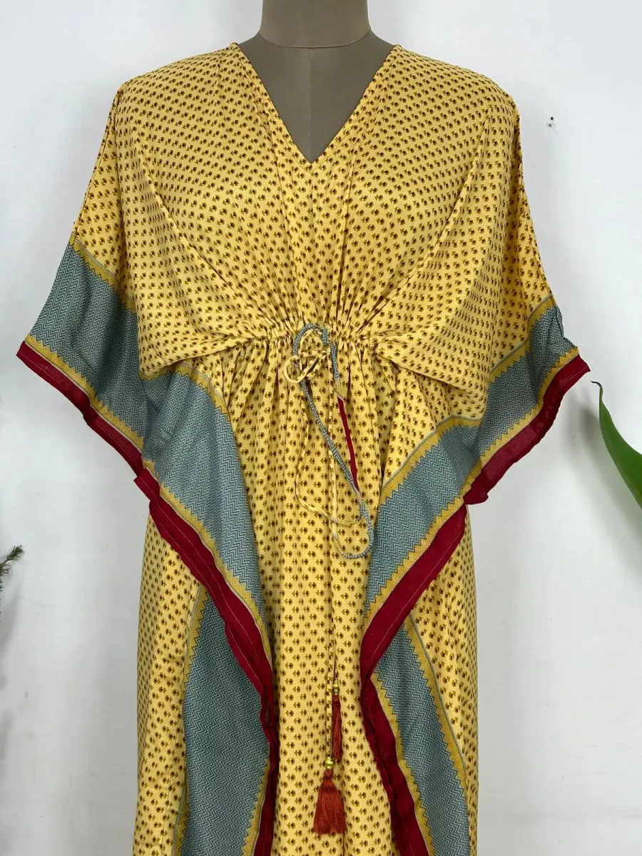 Recycled Silk Vintage Sari Kaftan Boho Dress Flowy Long Length Blossom Artistic Women Beach Coverup | Golden Red Motifs