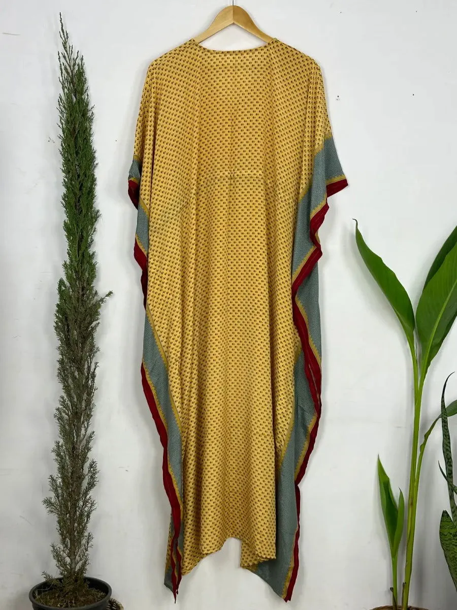 Recycled Silk Vintage Sari Kaftan Boho Dress Flowy Long Length Blossom Artistic Women Beach Coverup | Golden Red Motifs
