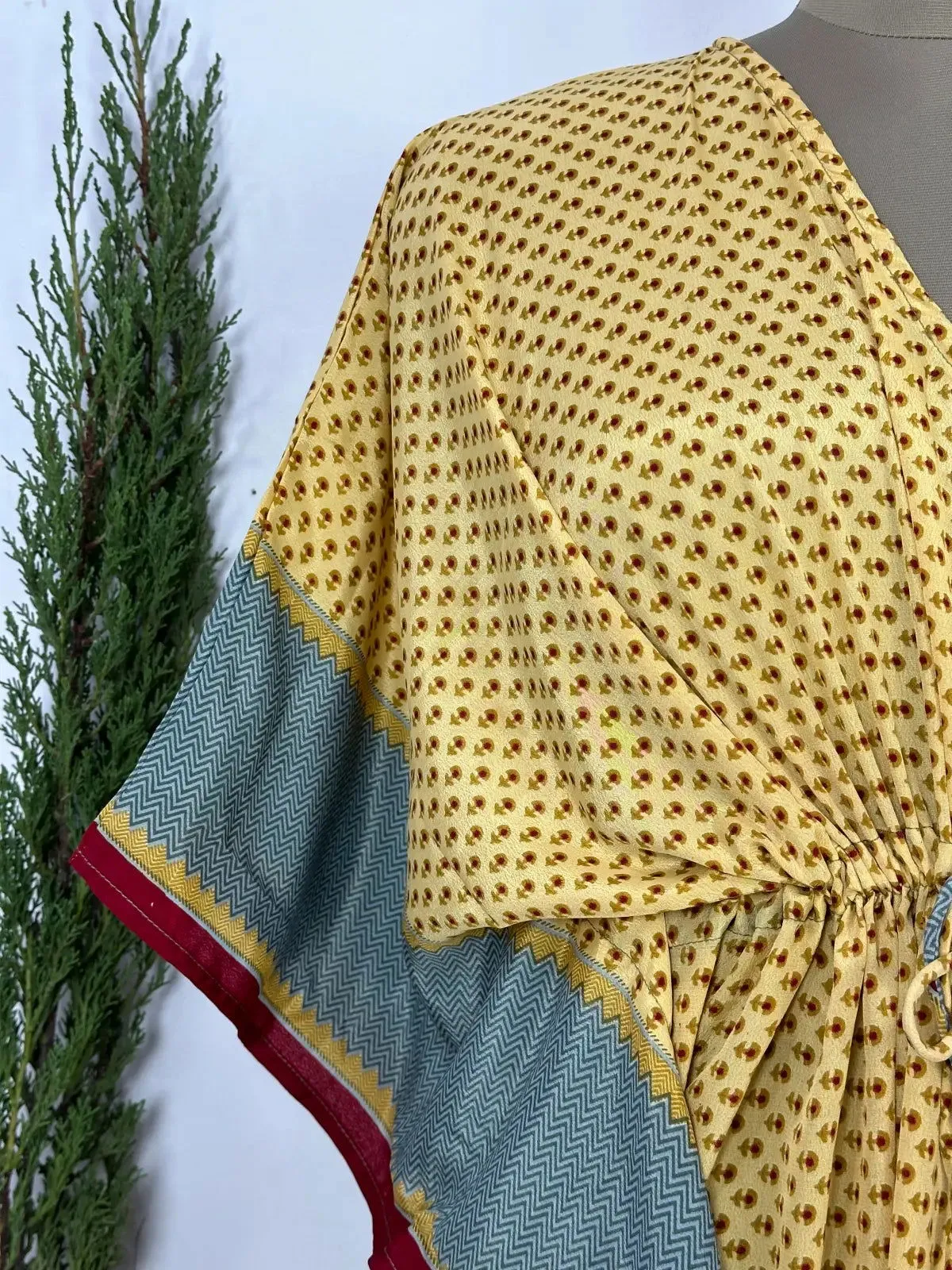 Recycled Silk Vintage Sari Kaftan Boho Dress Flowy Long Length Blossom Artistic Women Beach Coverup | Golden Red Motifs