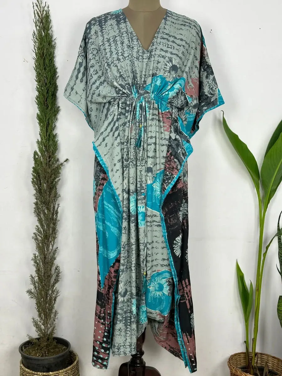 Recycled Silk Vintage Sari Kaftan Boho Dress Flowy Long Length Blossom Artistic Women Beach Coverup | Pastel Grey Floral