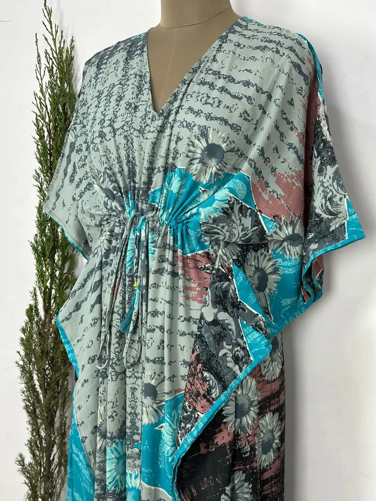 Recycled Silk Vintage Sari Kaftan Boho Dress Flowy Long Length Blossom Artistic Women Beach Coverup | Pastel Grey Floral