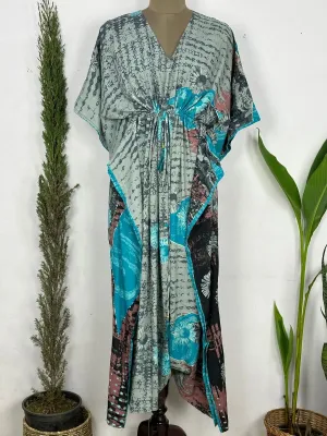 Recycled Silk Vintage Sari Kaftan Boho Dress Flowy Long Length Blossom Artistic Women Beach Coverup | Pastel Grey Floral