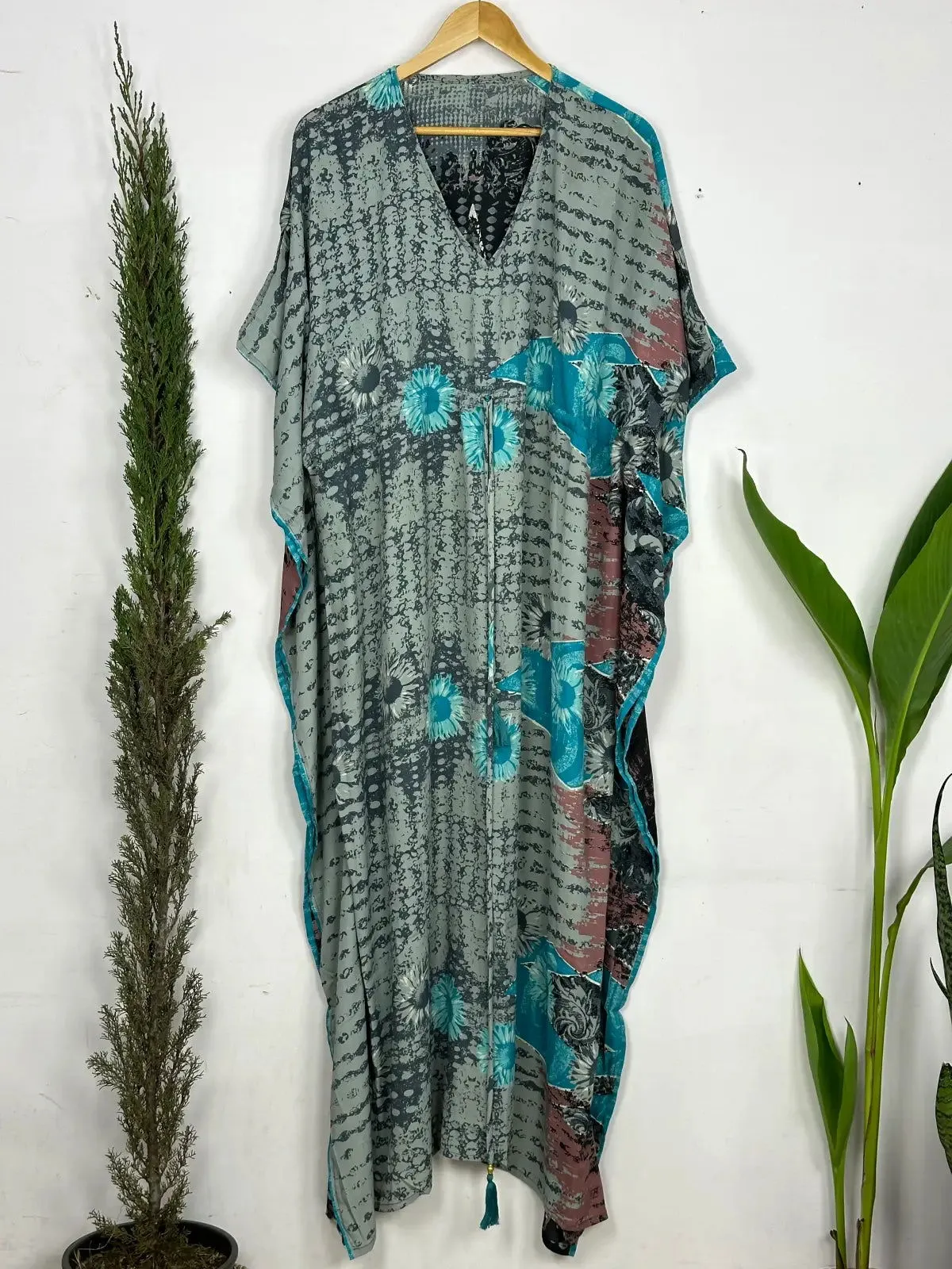 Recycled Silk Vintage Sari Kaftan Boho Dress Flowy Long Length Blossom Artistic Women Beach Coverup | Pastel Grey Floral