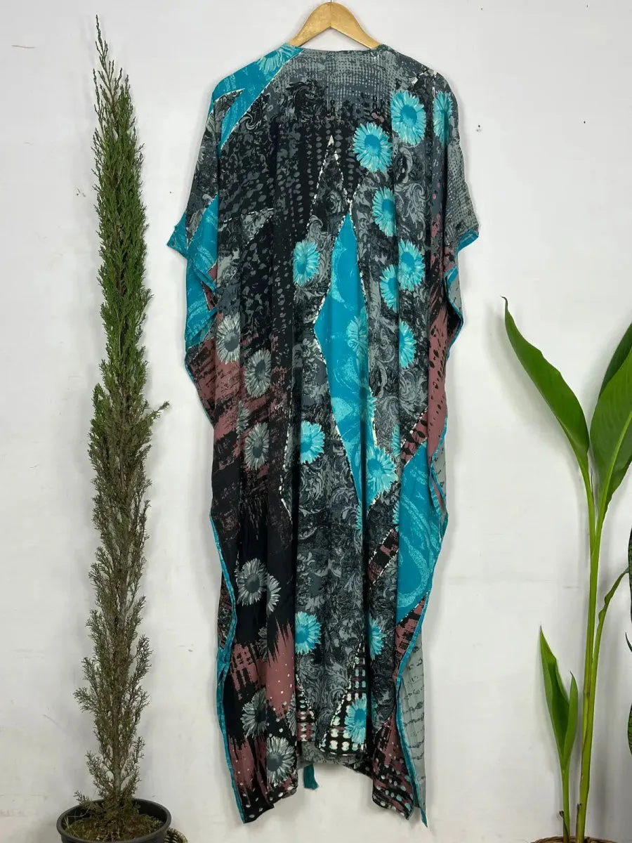 Recycled Silk Vintage Sari Kaftan Boho Dress Flowy Long Length Blossom Artistic Women Beach Coverup | Pastel Grey Floral