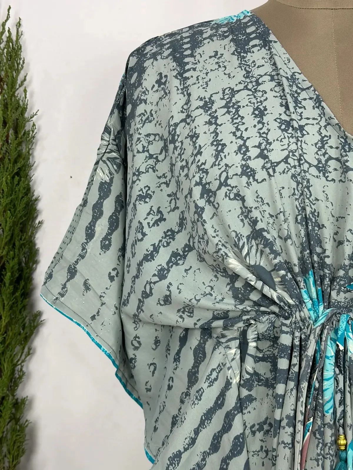 Recycled Silk Vintage Sari Kaftan Boho Dress Flowy Long Length Blossom Artistic Women Beach Coverup | Pastel Grey Floral