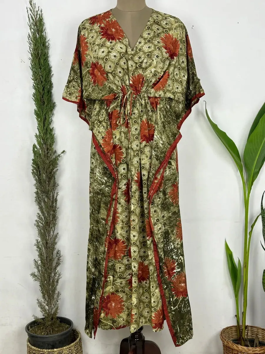Recycled Silk Vintage Sari Kaftan Boho Dress Flowy Long Length Blossom Artistic Women Beach Coverup | Pastel Orange Floral