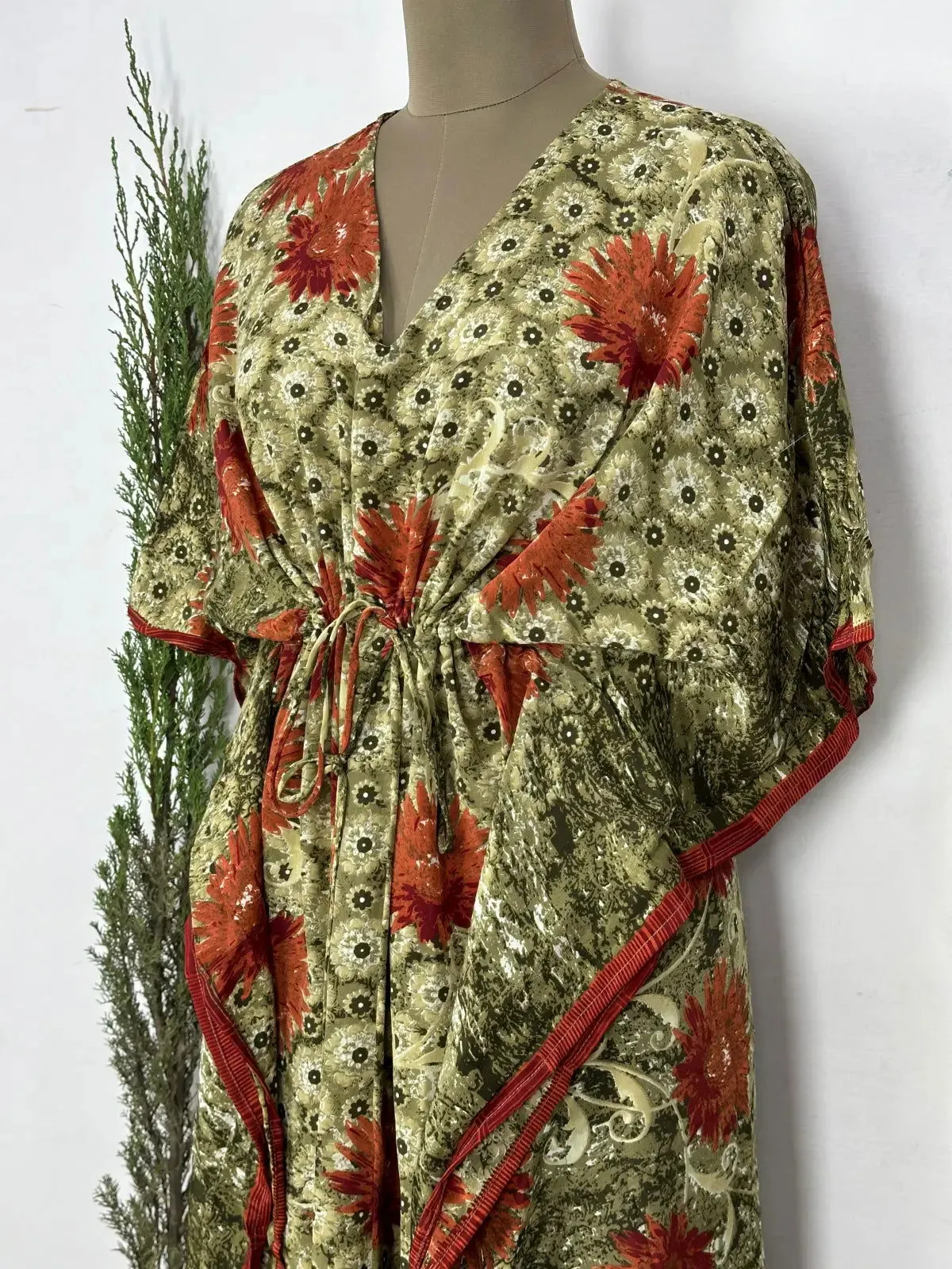 Recycled Silk Vintage Sari Kaftan Boho Dress Flowy Long Length Blossom Artistic Women Beach Coverup | Pastel Orange Floral