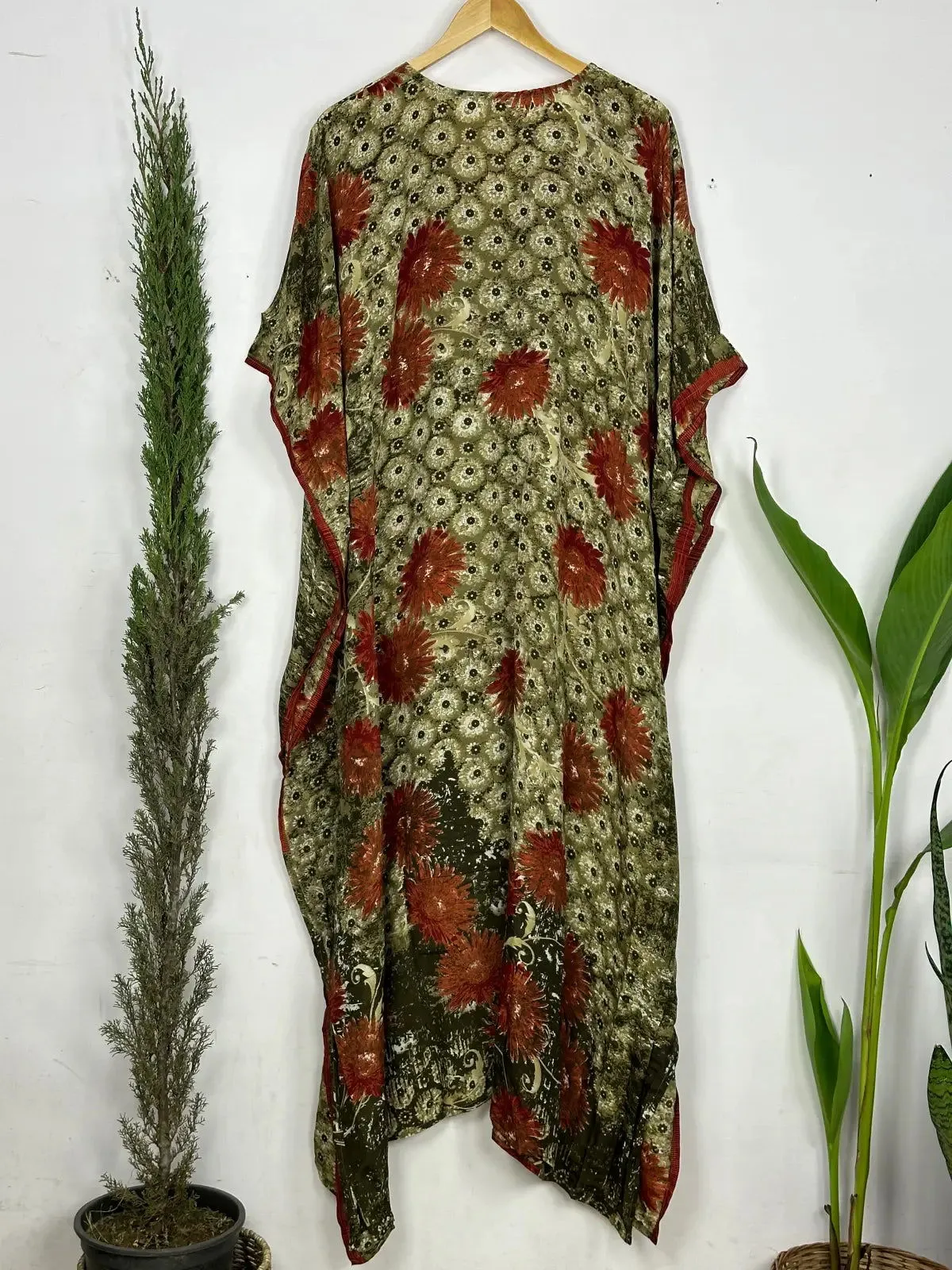 Recycled Silk Vintage Sari Kaftan Boho Dress Flowy Long Length Blossom Artistic Women Beach Coverup | Pastel Orange Floral
