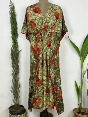 Recycled Silk Vintage Sari Kaftan Boho Dress Flowy Long Length Blossom Artistic Women Beach Coverup | Pastel Orange Floral