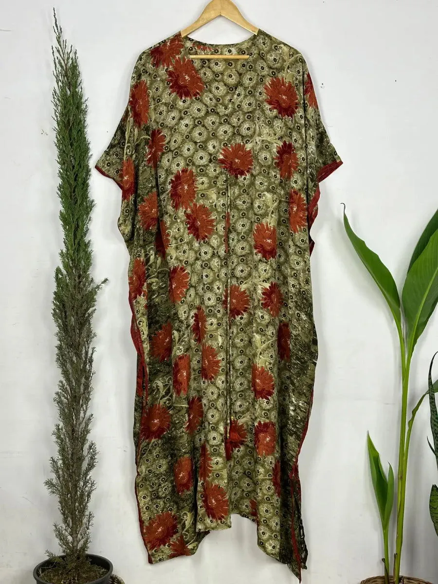 Recycled Silk Vintage Sari Kaftan Boho Dress Flowy Long Length Blossom Artistic Women Beach Coverup | Pastel Orange Floral