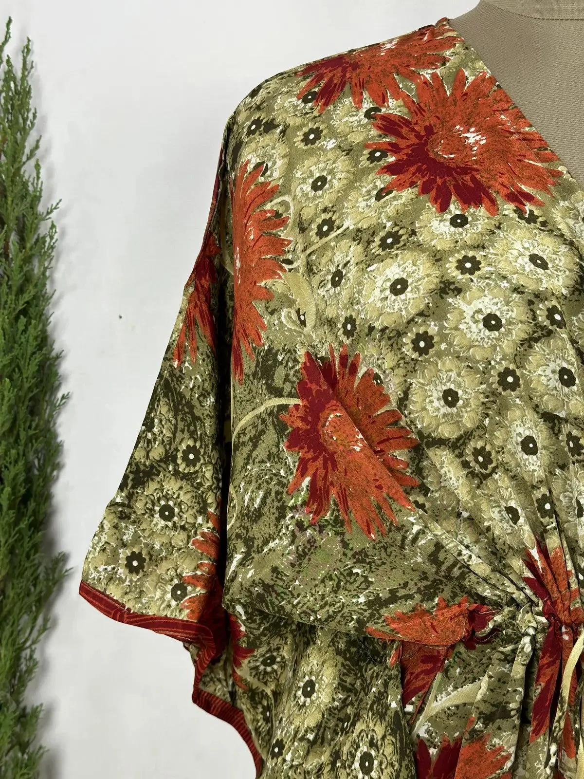 Recycled Silk Vintage Sari Kaftan Boho Dress Flowy Long Length Blossom Artistic Women Beach Coverup | Pastel Orange Floral
