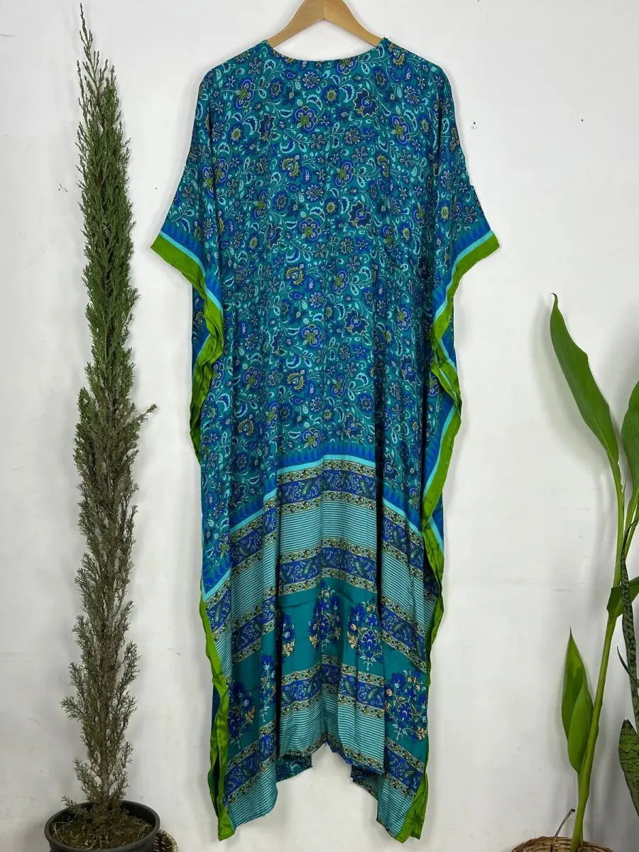 Recycled Silk Vintage Sari Kaftan Boho Dress Flowy Long Length Blossom Artistic Women Beach Coverup | Turquoise Blue Floral