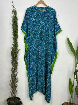 Recycled Silk Vintage Sari Kaftan Boho Dress Flowy Long Length Blossom Artistic Women Beach Coverup | Turquoise Blue Floral