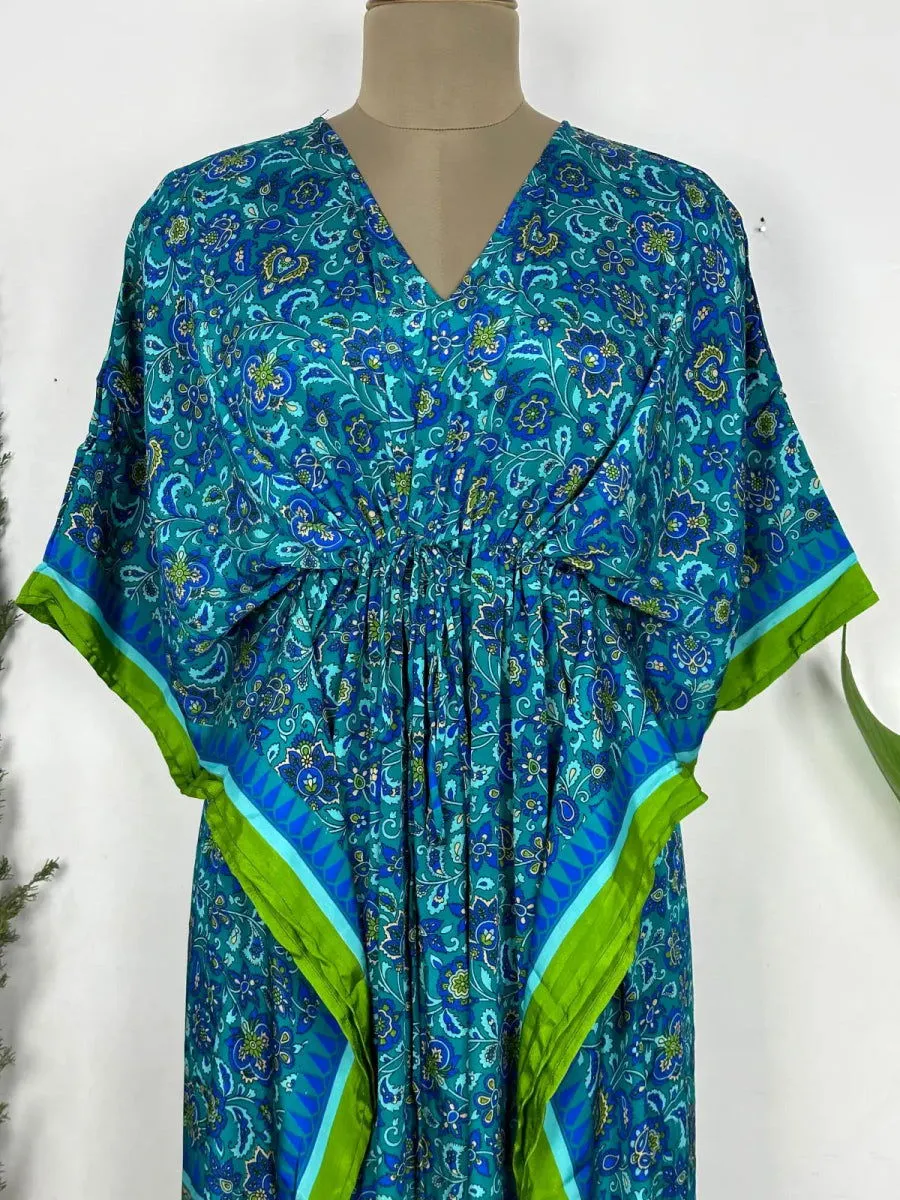 Recycled Silk Vintage Sari Kaftan Boho Dress Flowy Long Length Blossom Artistic Women Beach Coverup | Turquoise Blue Floral