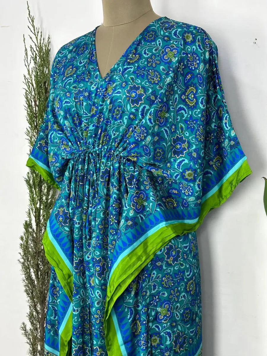 Recycled Silk Vintage Sari Kaftan Boho Dress Flowy Long Length Blossom Artistic Women Beach Coverup | Turquoise Blue Floral