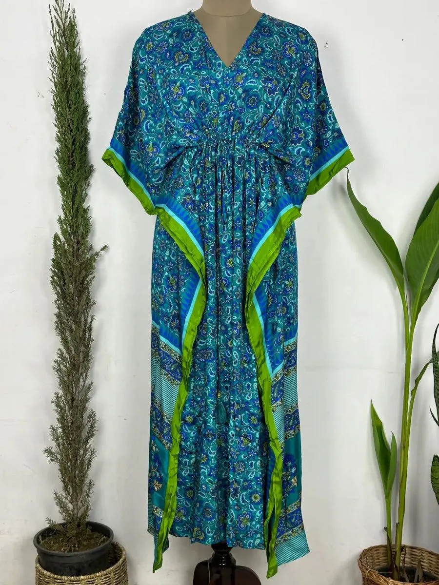Recycled Silk Vintage Sari Kaftan Boho Dress Flowy Long Length Blossom Artistic Women Beach Coverup | Turquoise Blue Floral