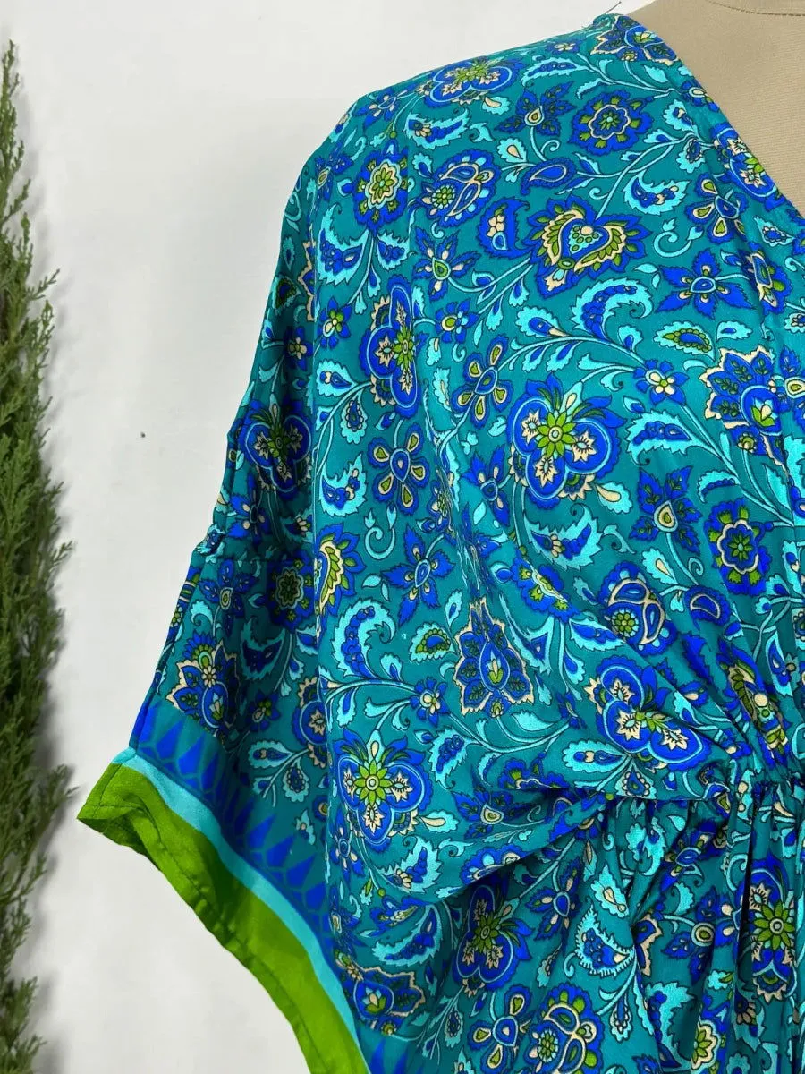 Recycled Silk Vintage Sari Kaftan Boho Dress Flowy Long Length Blossom Artistic Women Beach Coverup | Turquoise Blue Floral