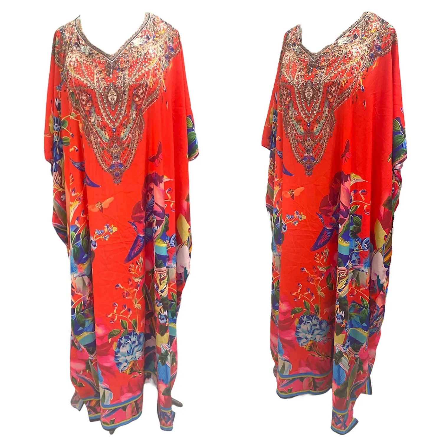 Red Maya Silk Mix Bling Kaftan.         Sizes Available AU 12-28