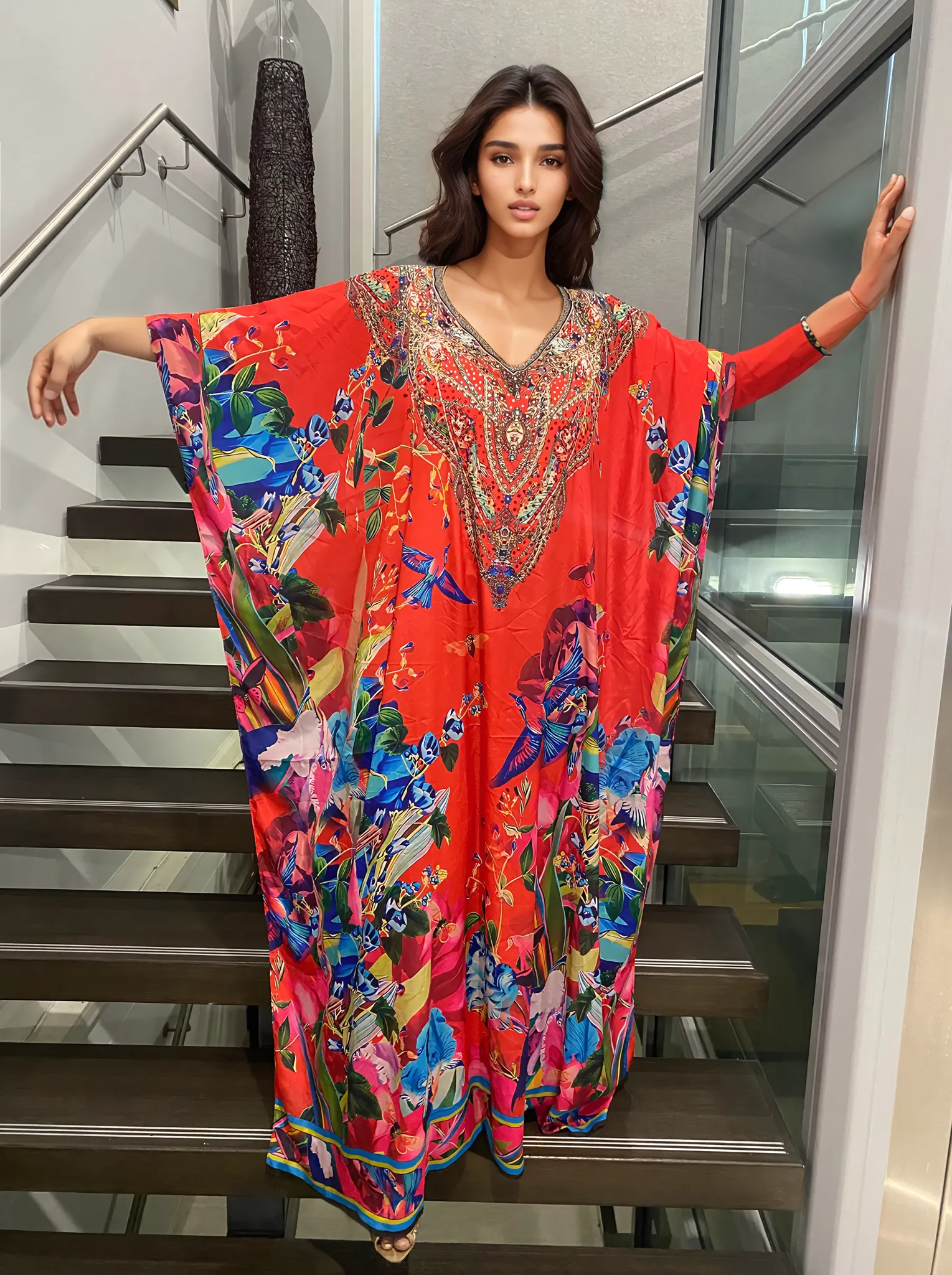 Red Maya Silk Mix Bling Kaftan.         Sizes Available AU 12-28
