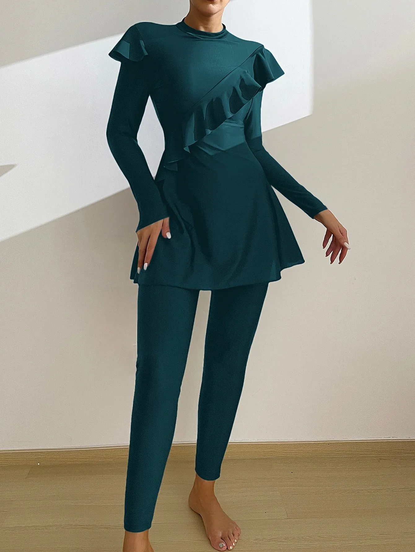 Ruffle Long Sleeve Pants Full Body Bikini Swimsuit