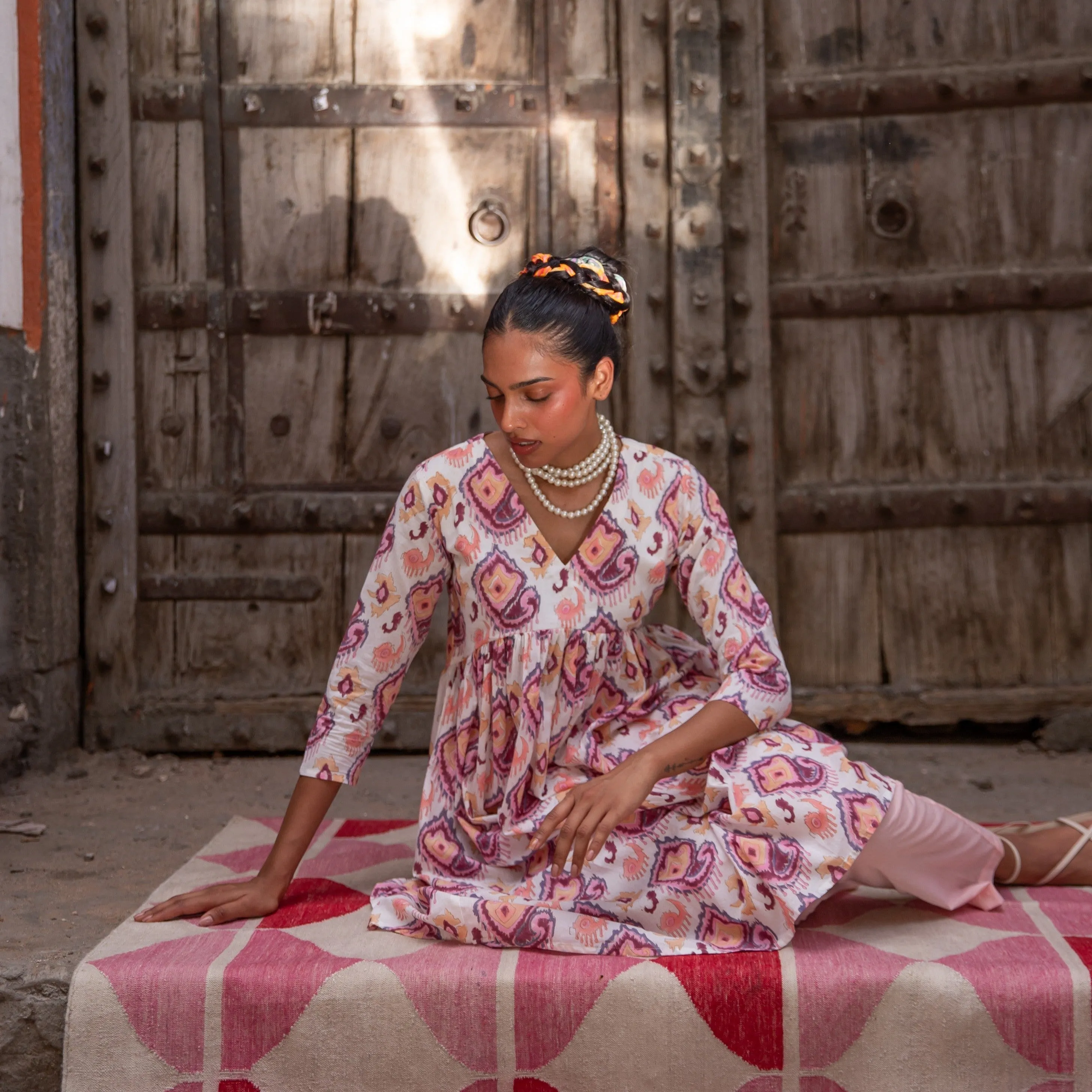 Ruhani White and Pink Ikat Blockprinted Suit Set