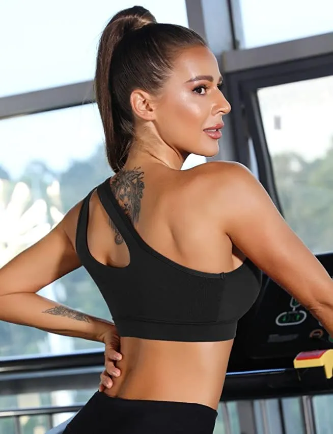 RUNNING GIRL Sports Bras for Women, Padded Backless One Shoulder Sports Bra Pack Medium Support