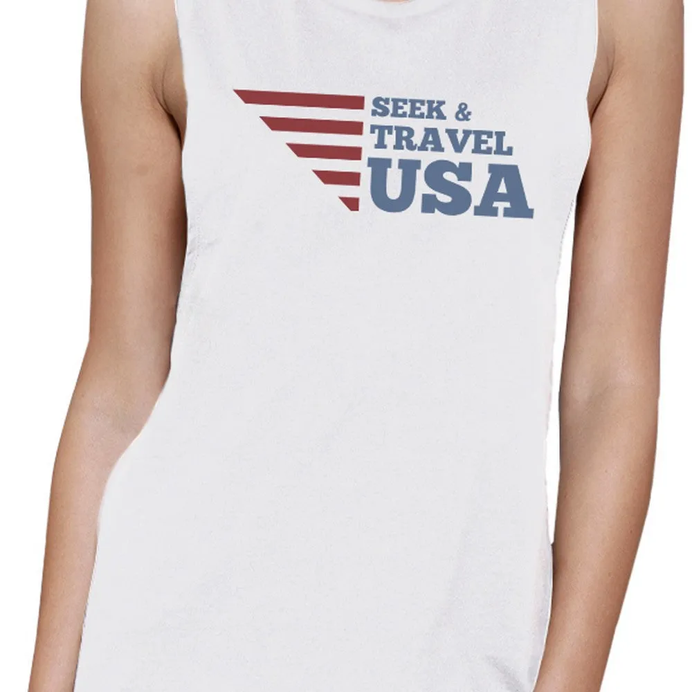 Seek & Travel USA Womens White Sleeveless Tee Round Neck Cotton