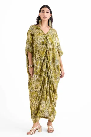 Sequin Embellished Green Drawstring Kaftan