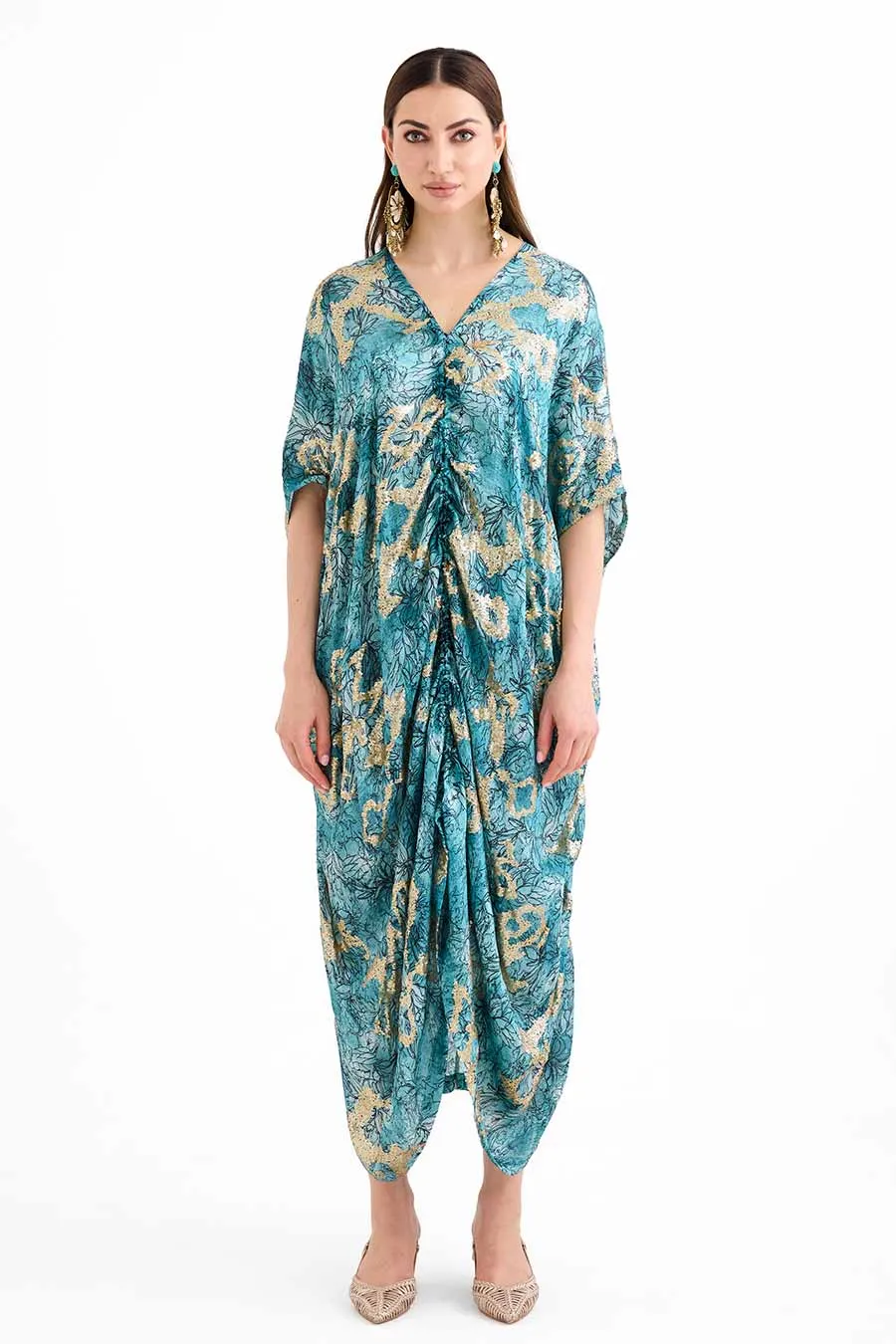 Sequin Embellished Marine Drawstring Kaftan