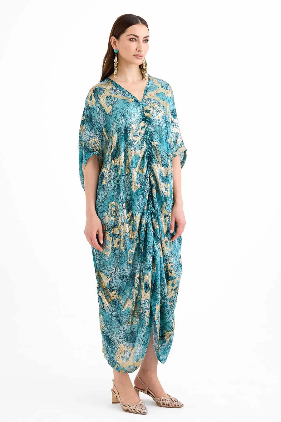 Sequin Embellished Marine Drawstring Kaftan
