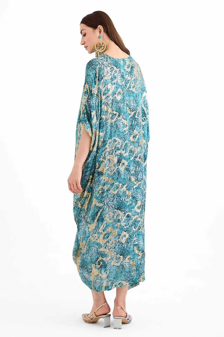 Sequin Embellished Marine Drawstring Kaftan