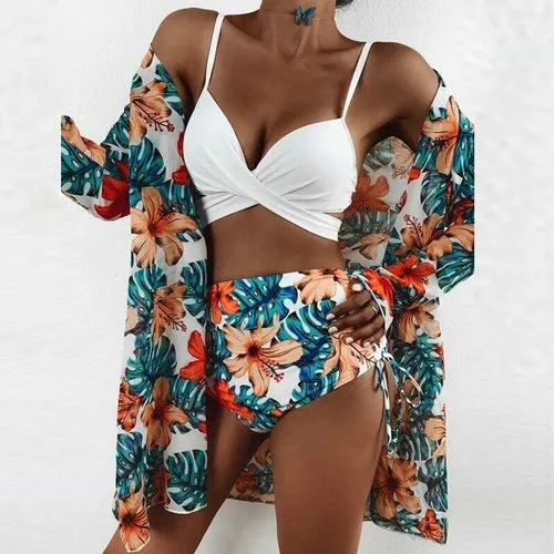 Sexy Three Piece Bikini Sets Women Summer Strap Bra   Cardigan Tops