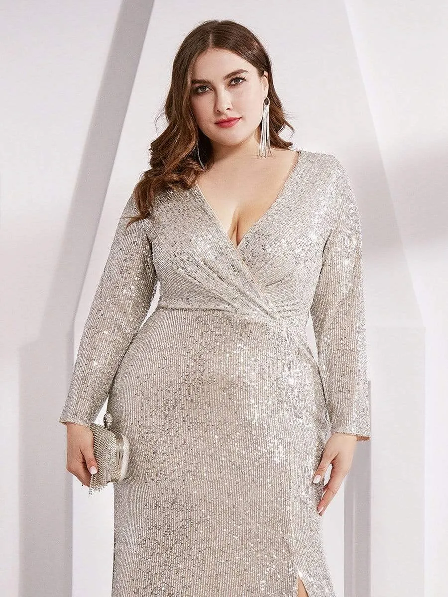 Shiny V Neck Sequin Evening Party Dress with Long Sleeve