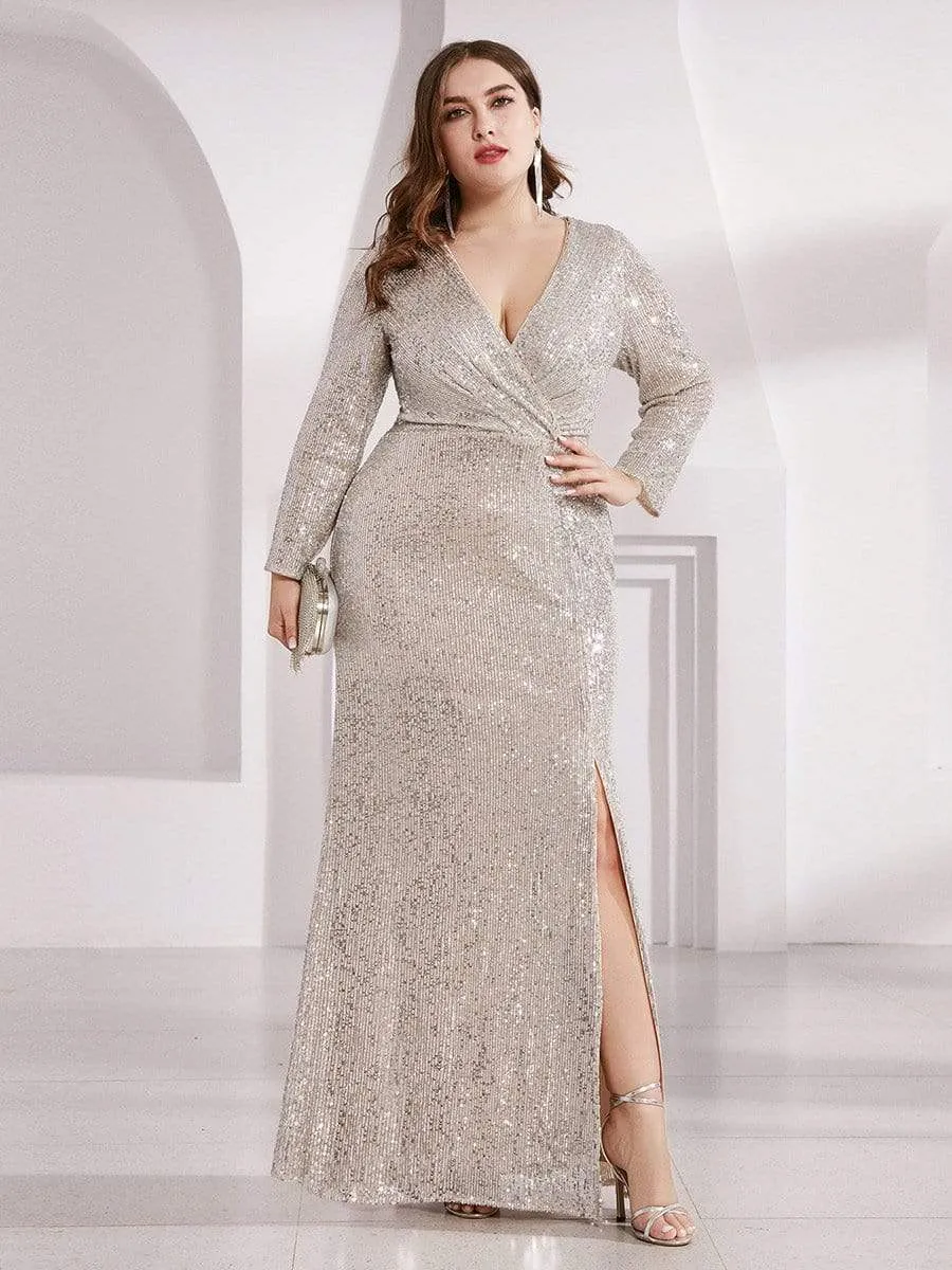 Shiny V Neck Sequin Evening Party Dress with Long Sleeve