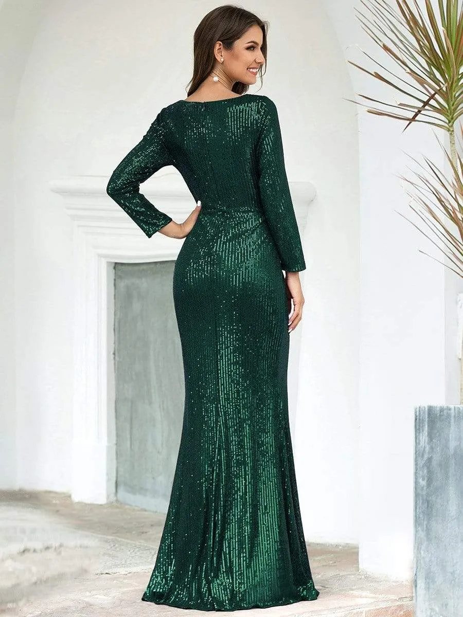 Shiny V Neck Sequin Evening Party Dress with Long Sleeve