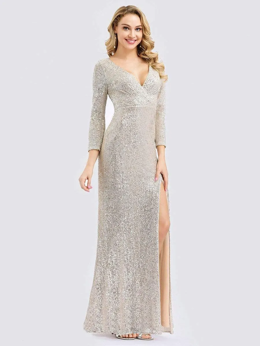 Shiny V Neck Sequin Evening Party Dress with Long Sleeve