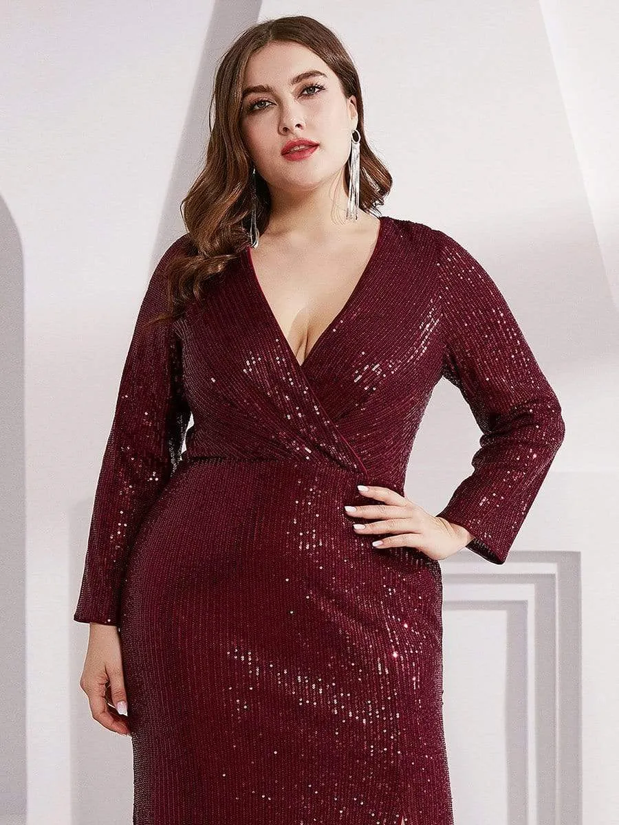 Shiny V Neck Sequin Evening Party Dress with Long Sleeve