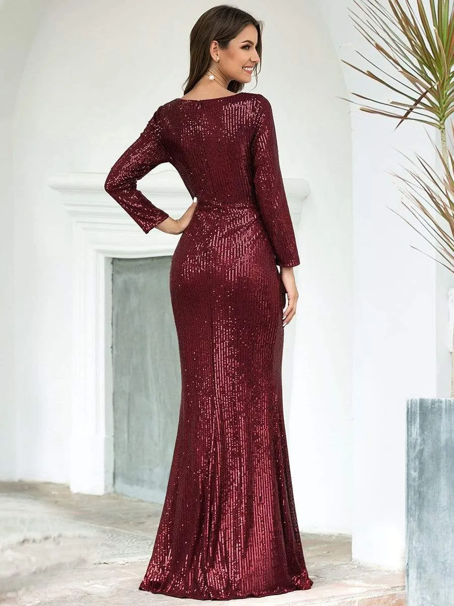 Shiny V Neck Sequin Evening Party Dress with Long Sleeve