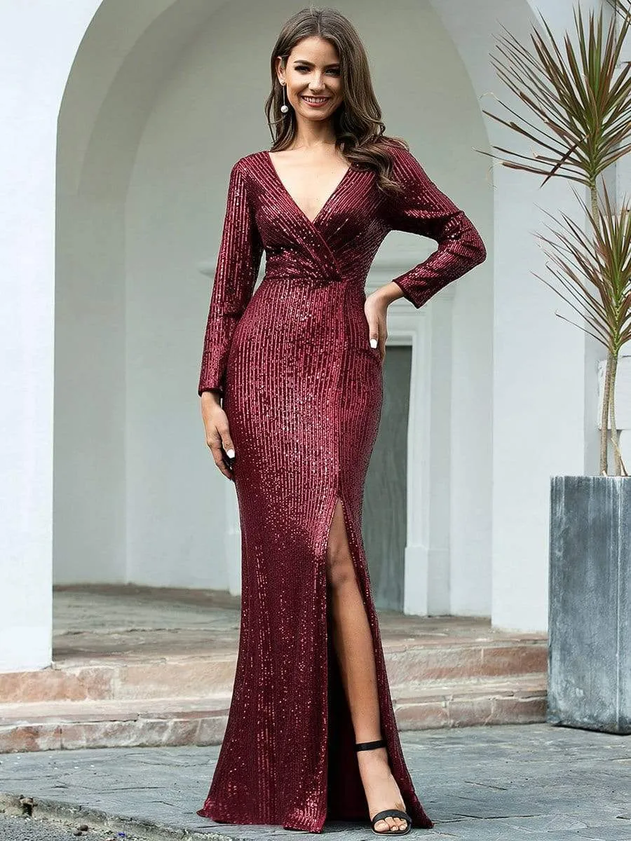 Shiny V Neck Sequin Evening Party Dress with Long Sleeve
