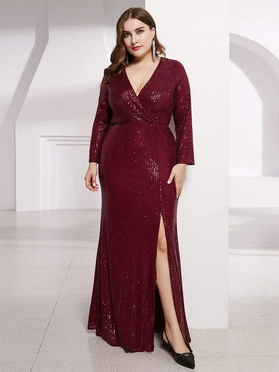 Shiny V Neck Sequin Evening Party Dress with Long Sleeve